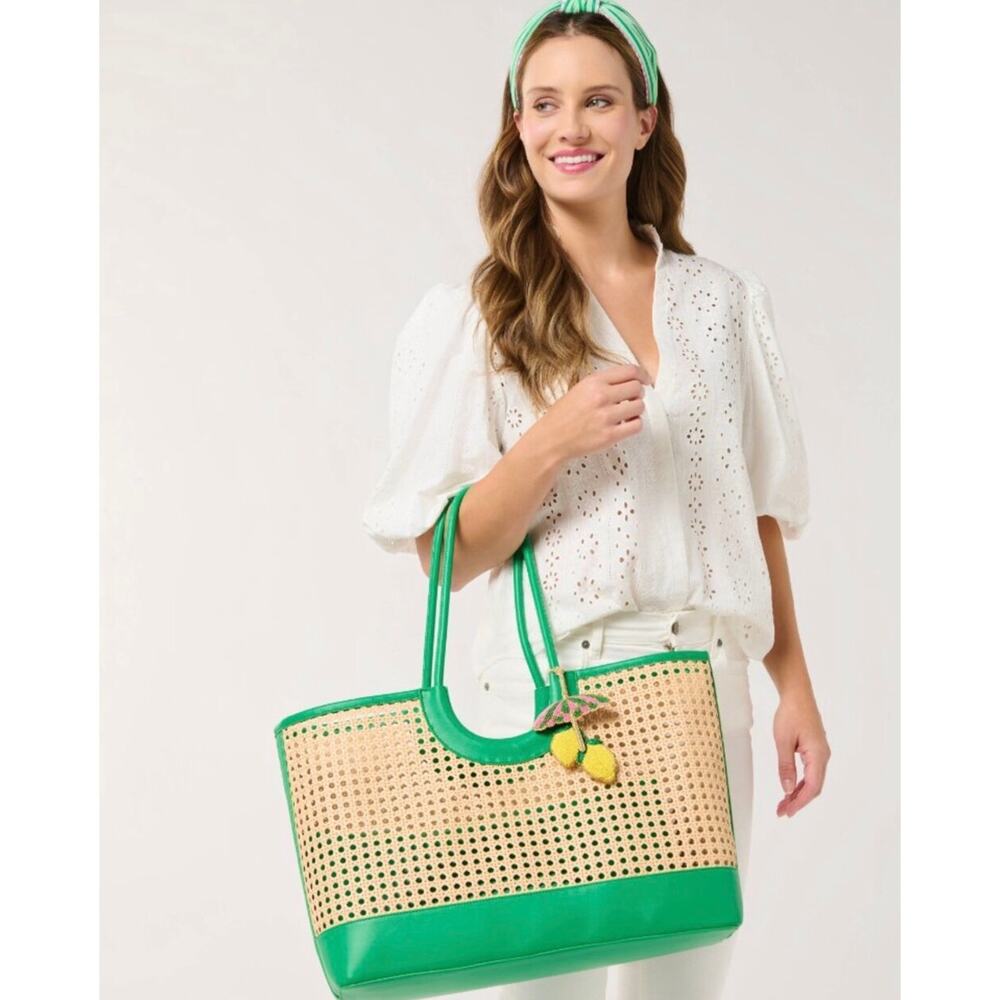 Shiraleah Lyra Tote Bag Green Woven Cane Straw Vegan Leather Large Beach NWT - Picture 5 of 7